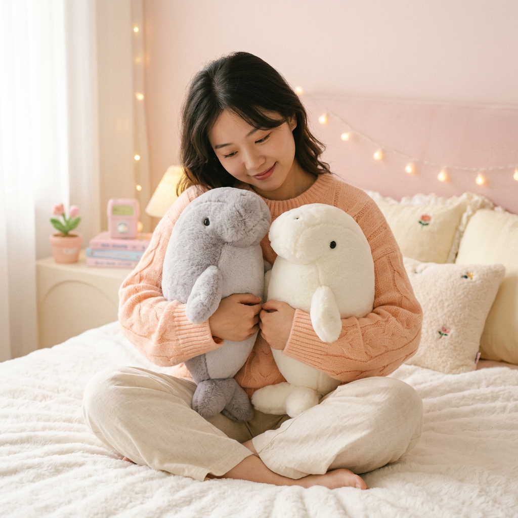 Girl cuddling gray and white manatee plushies in cozy pastel bedroom
