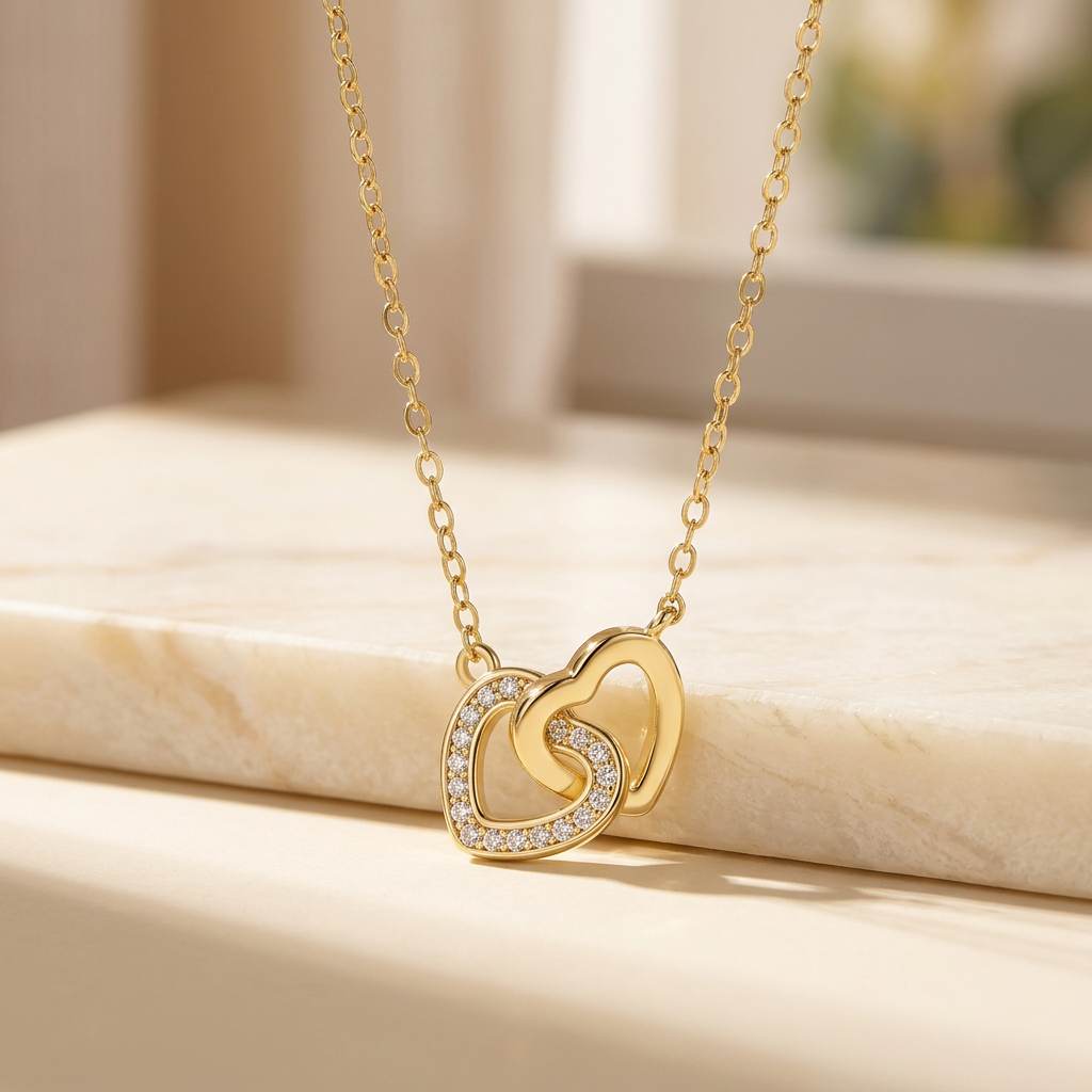 Gold-tone linked heart necklace on stone