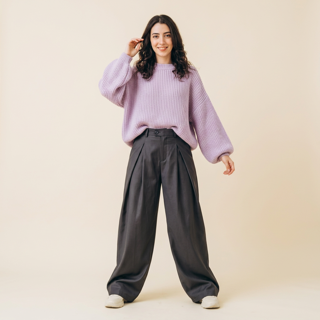 Gray oversized trousers full outfit with roomy lilac knit