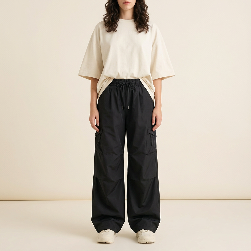 Black parachute cargo pants front fit