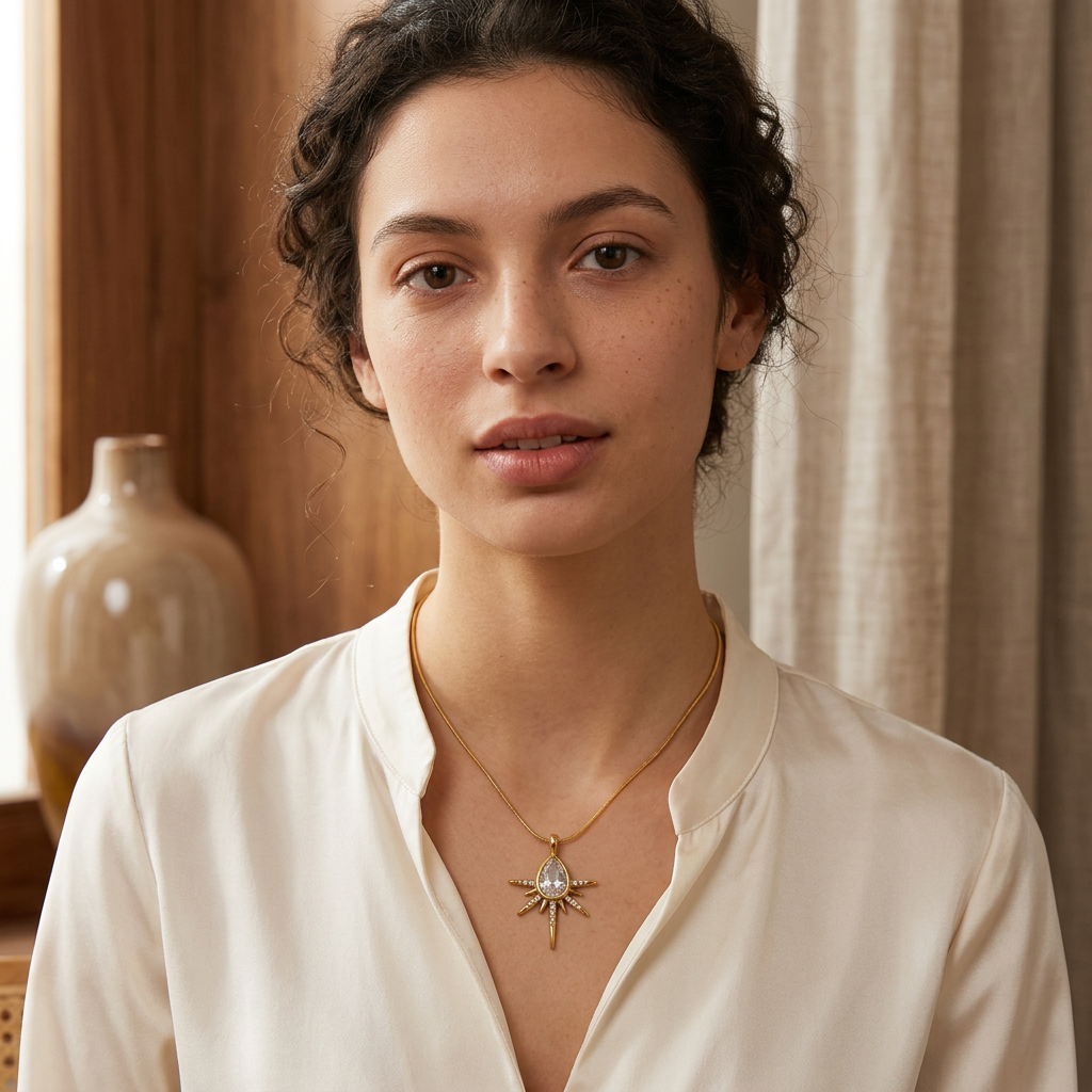 Young adult woman wearing a gold-tone sunburst teardrop necklace with an ivory blouse