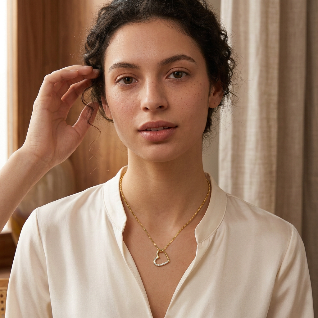 Model wearing gold open heart necklace, angled close-up