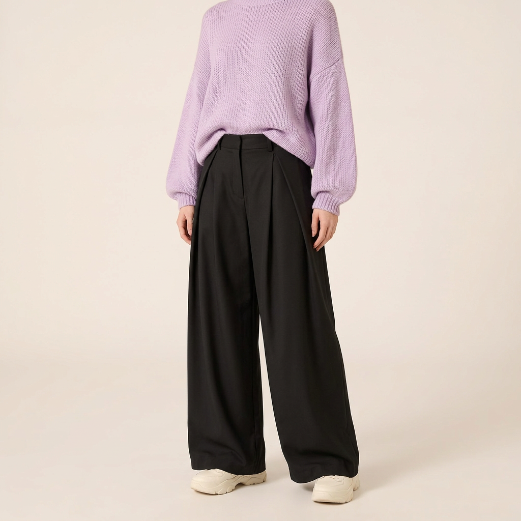 Black oversized pleated trousers three-quarter fit