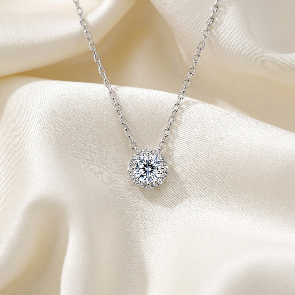 0.5 ct moissanite halo necklace on ivory satin