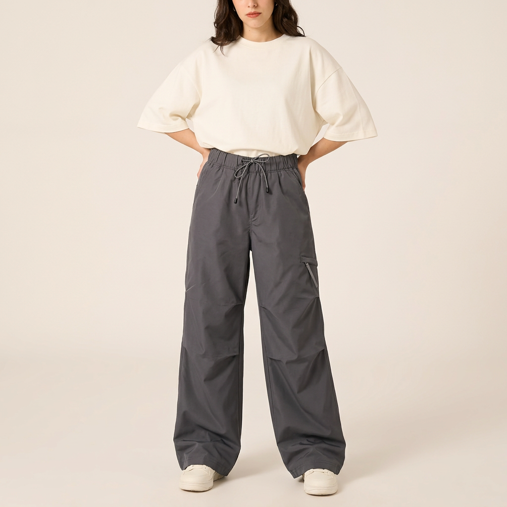 Dark Grey parachute cargo pants front fit