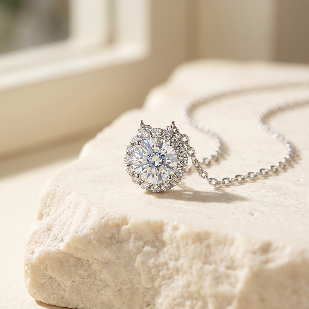 0.5 ct moissanite halo necklace on ivory stone