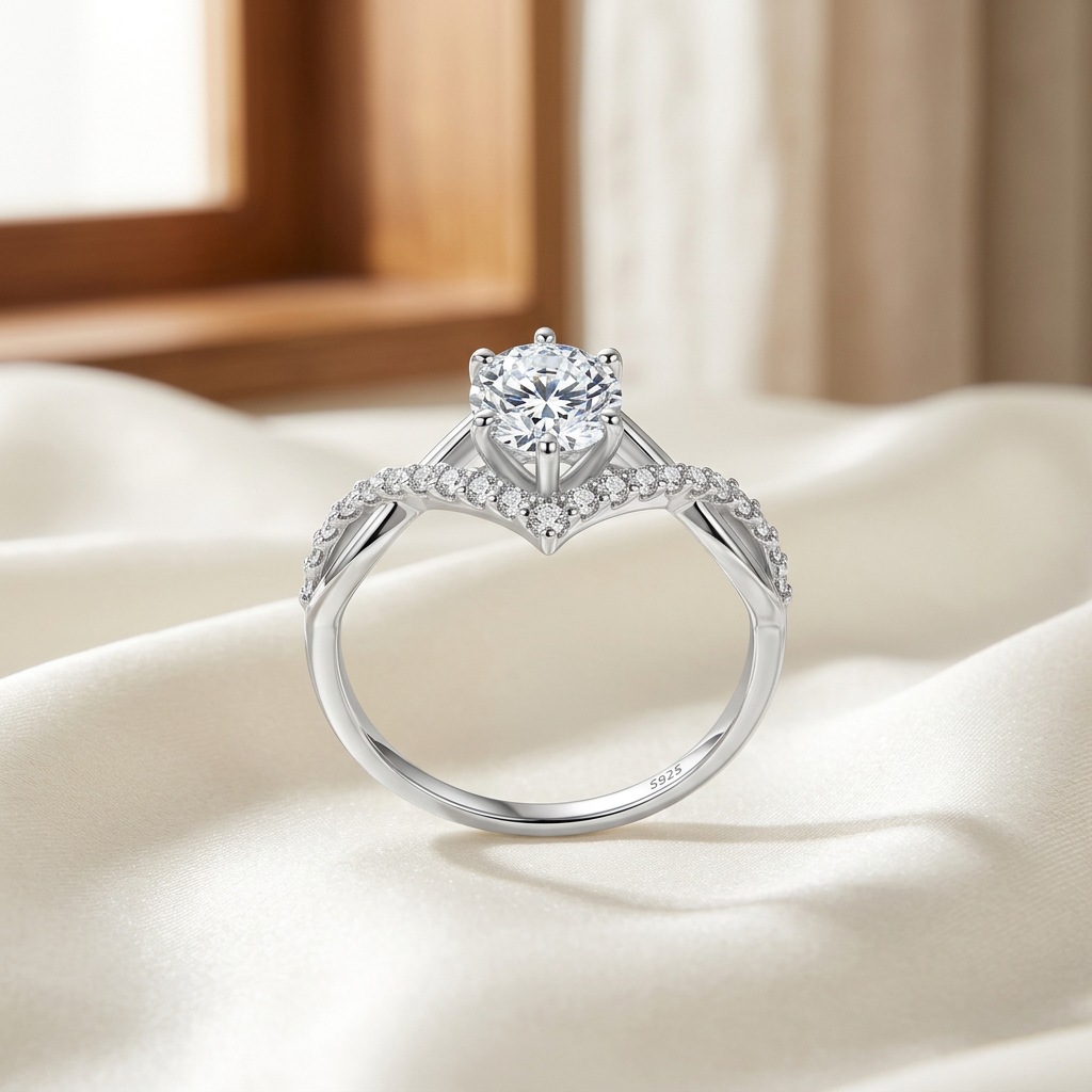 Silver moissanite crown ring on ivory satin