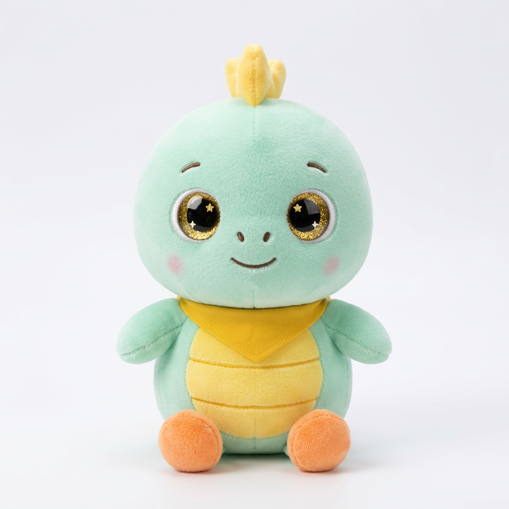Mint green turtle kawaii plushie on white studio background