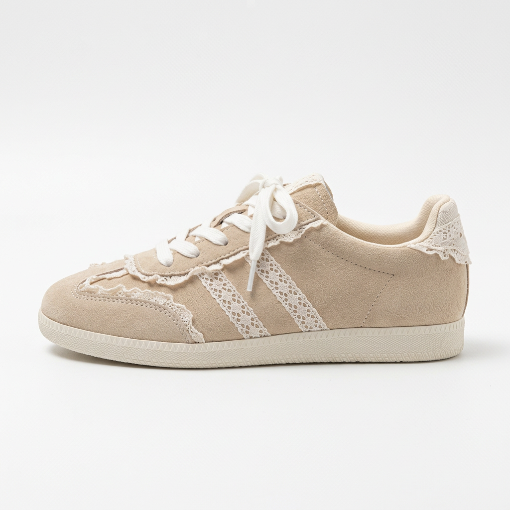 Apricot cream lace trim retro sneaker - studio shot