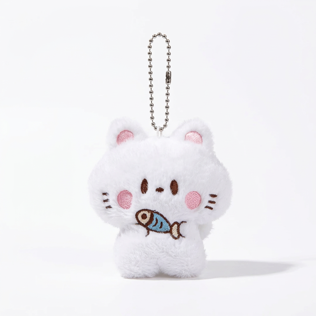 Kawaii plush kitten bag charm - fish variant - white studio