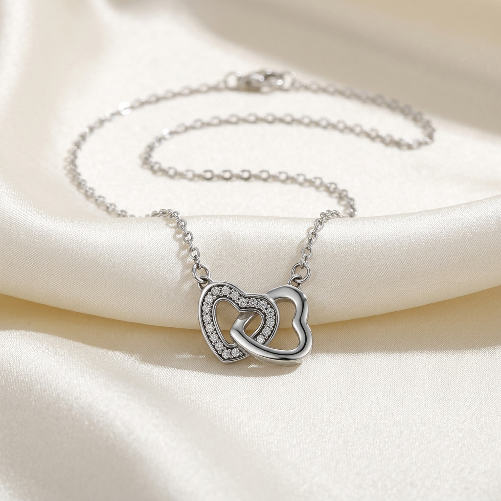 Silver linked heart necklace on satin