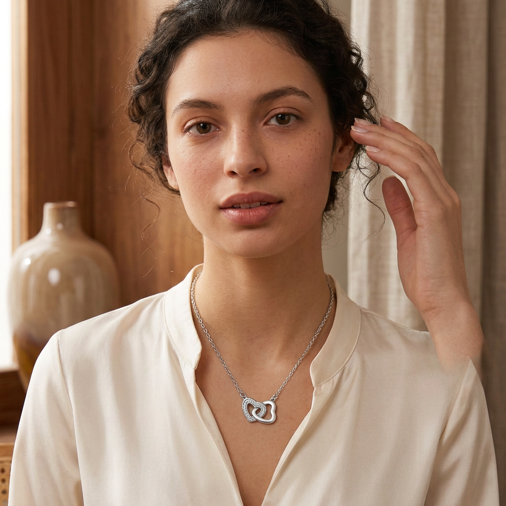 Model wearing silver linked heart necklace, three-quarter pose