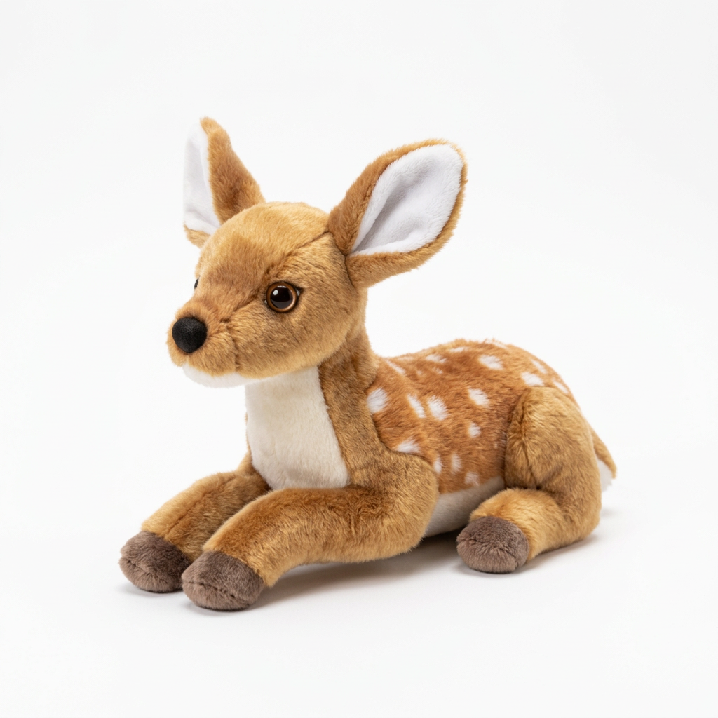 Female doe deer plushie 30cm on clean white studio background