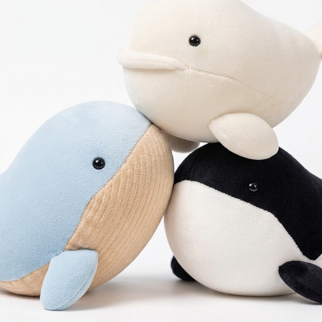 Three kawaii whale plushies grouped together on clean white background