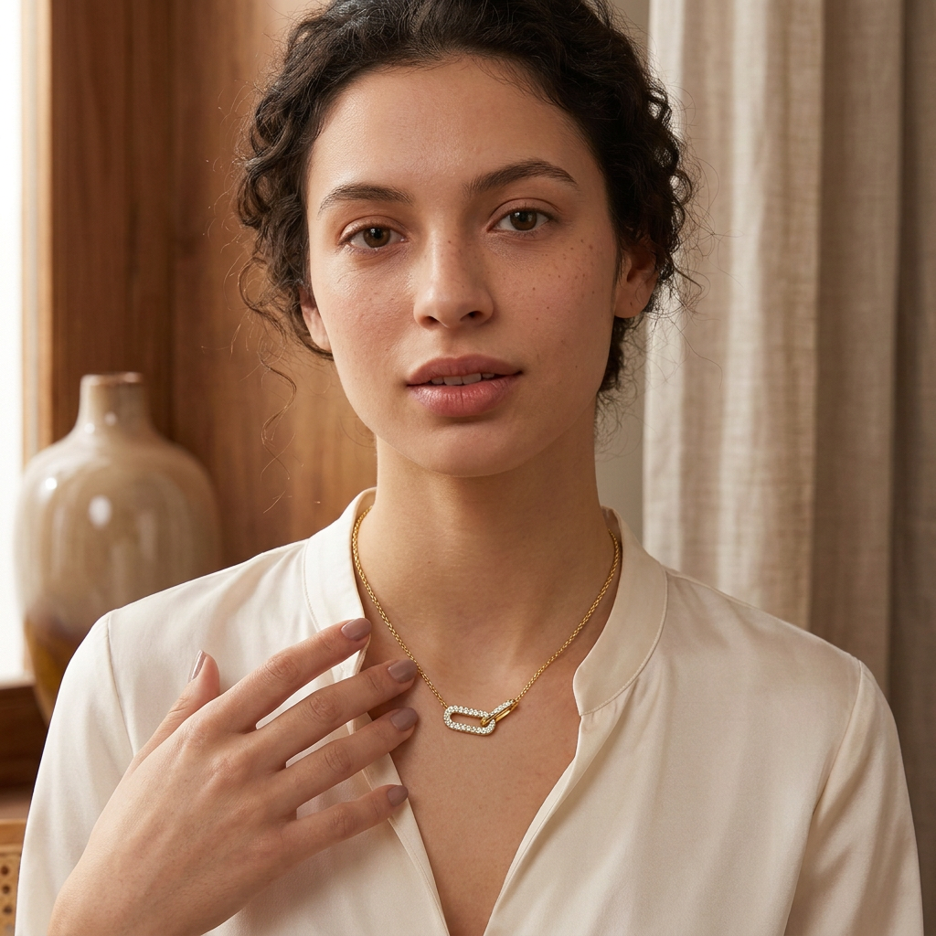 Woman wearing a gold-tone interlocking paperclip necklace