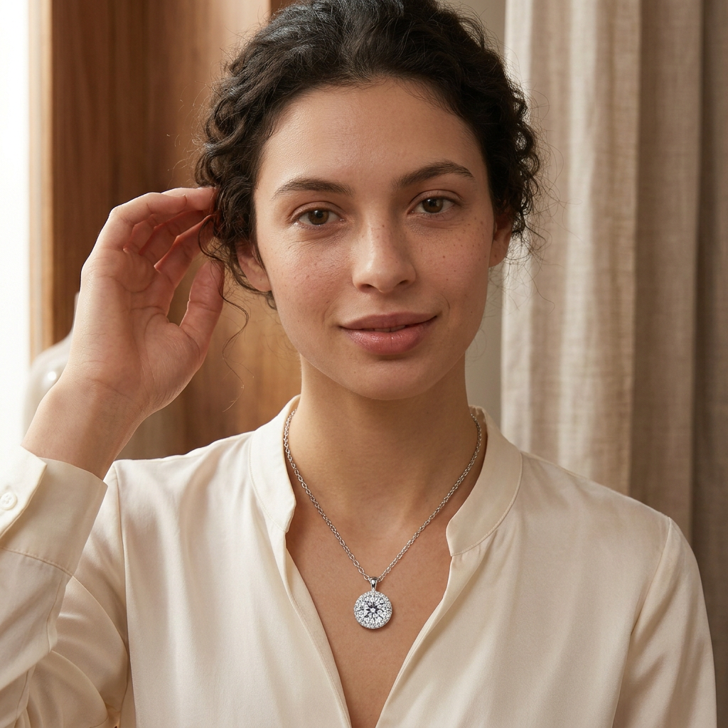 Model wearing 1.0 ct moissanite halo necklace, three-quarter pose