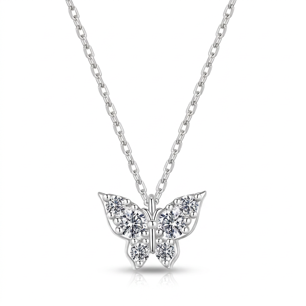 Silver moissanite butterfly necklace, clean display