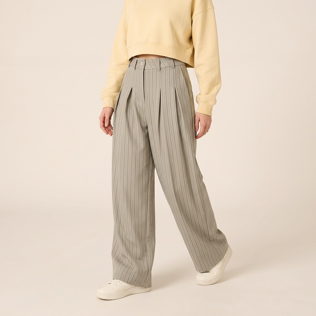 Khaki striped wide-leg trousers, three-quarter front fit