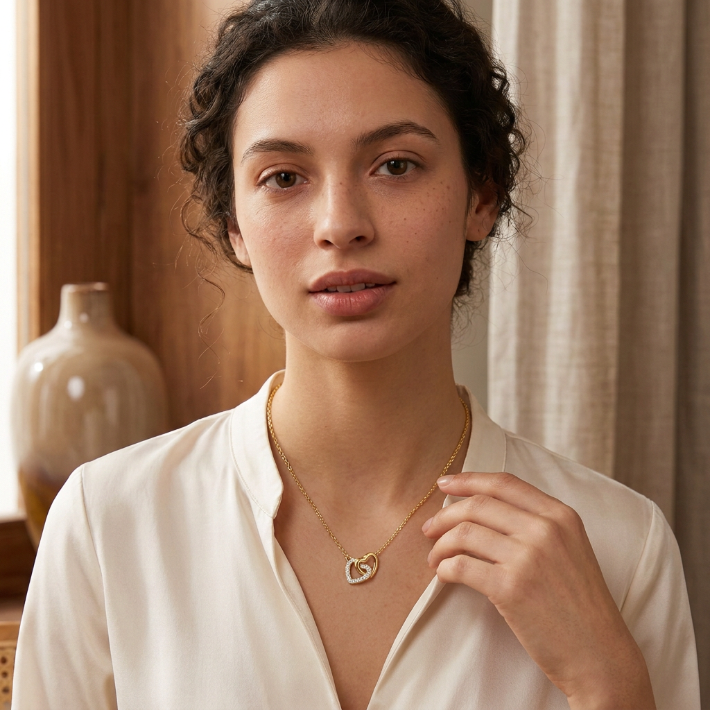 Model wearing gold-tone linked heart necklace, front pose