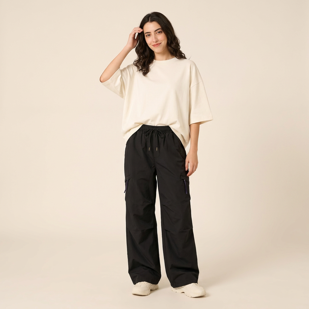 Black parachute cargo pants with oversized ivory tee