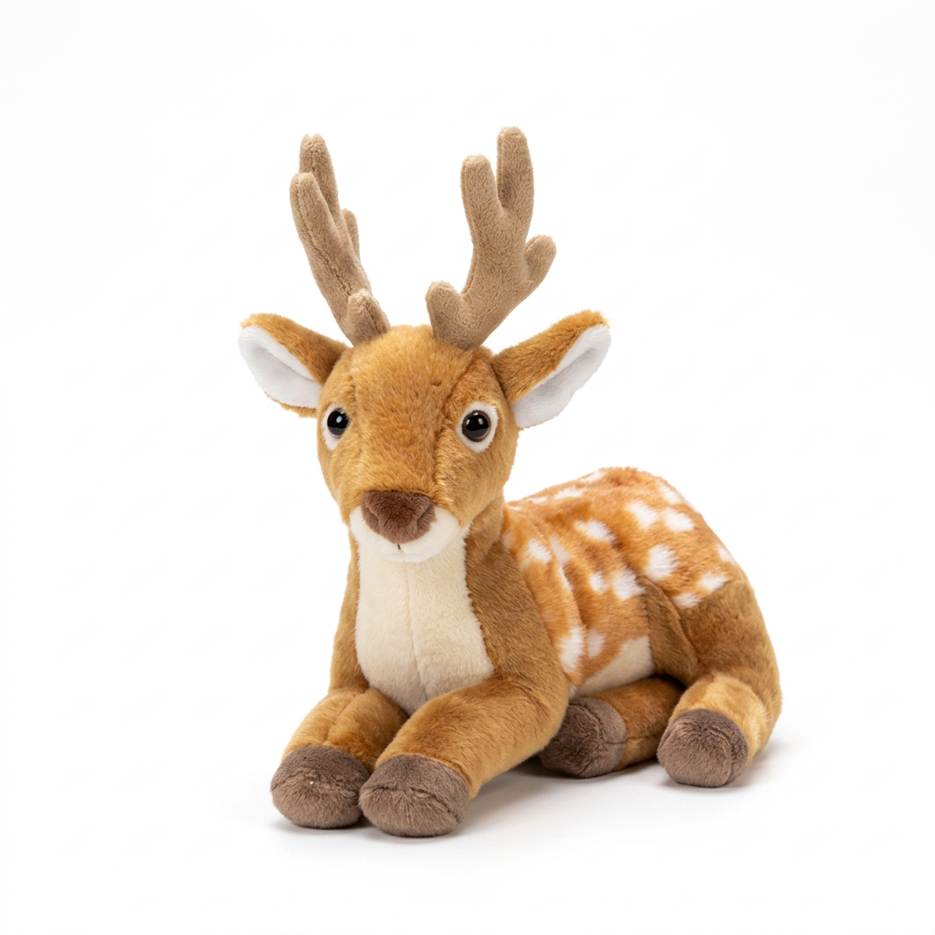 Male deer plushie 30cm with antlers on clean white studio background