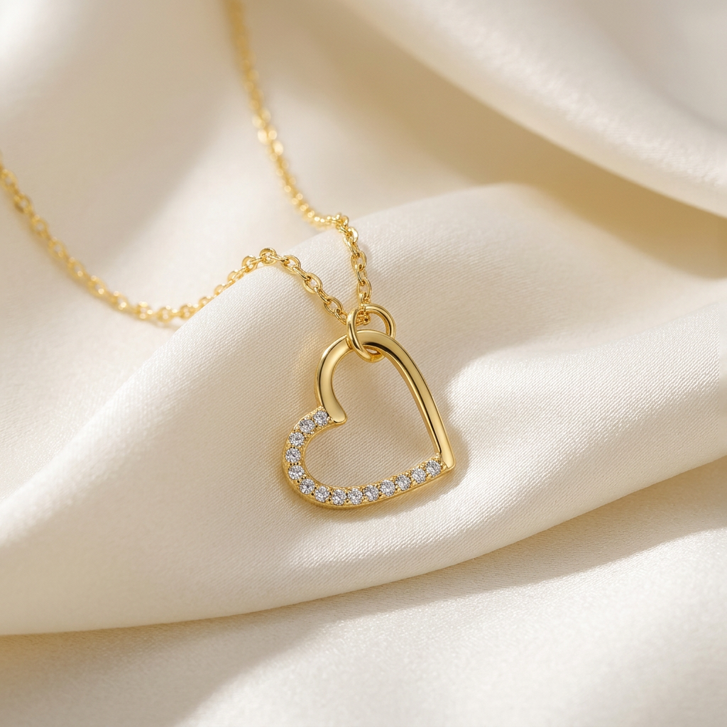 Gold open heart necklace on ivory satin