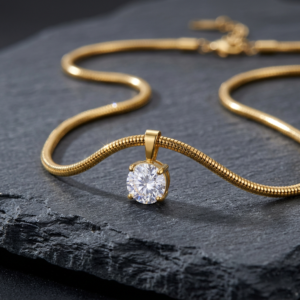 Gold-tone snake chain choker with round solitaire pendant on charcoal stone