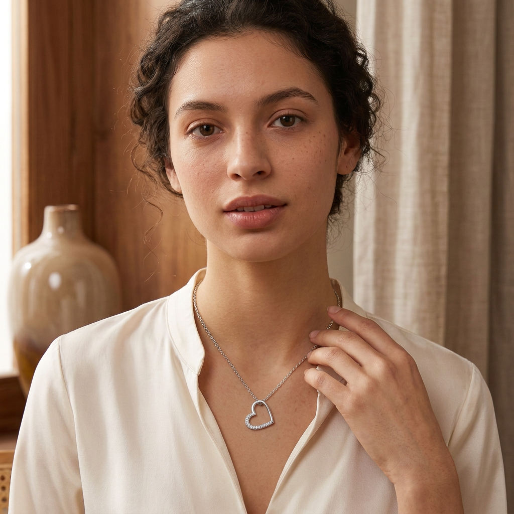 Model wearing silver open heart necklace, front close-up