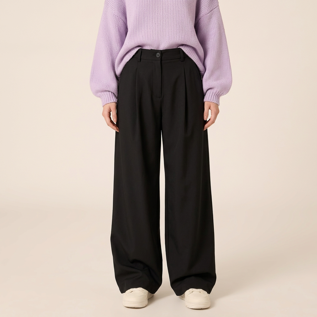 Black oversized pleated trousers front showing wide leg volume