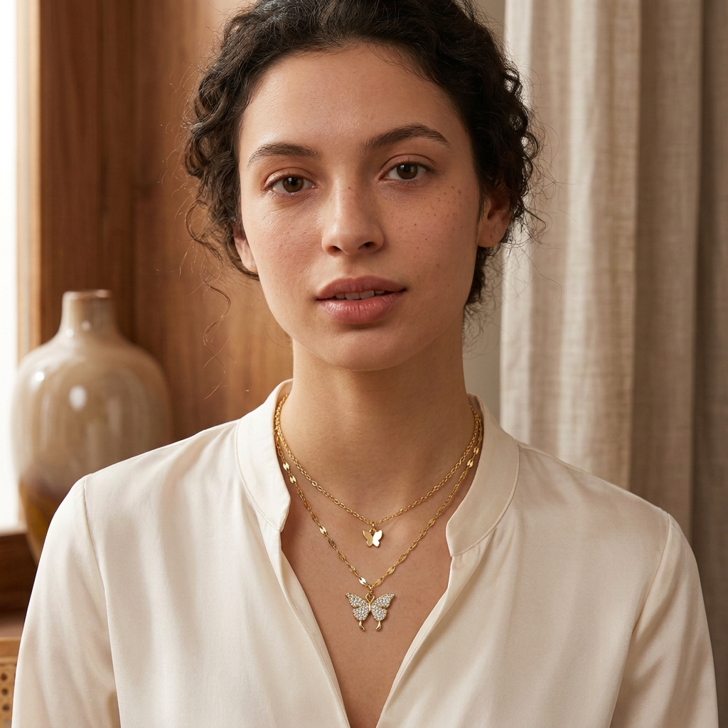 Woman wearing a gold-tone layered butterfly necklace with an ivory blouse