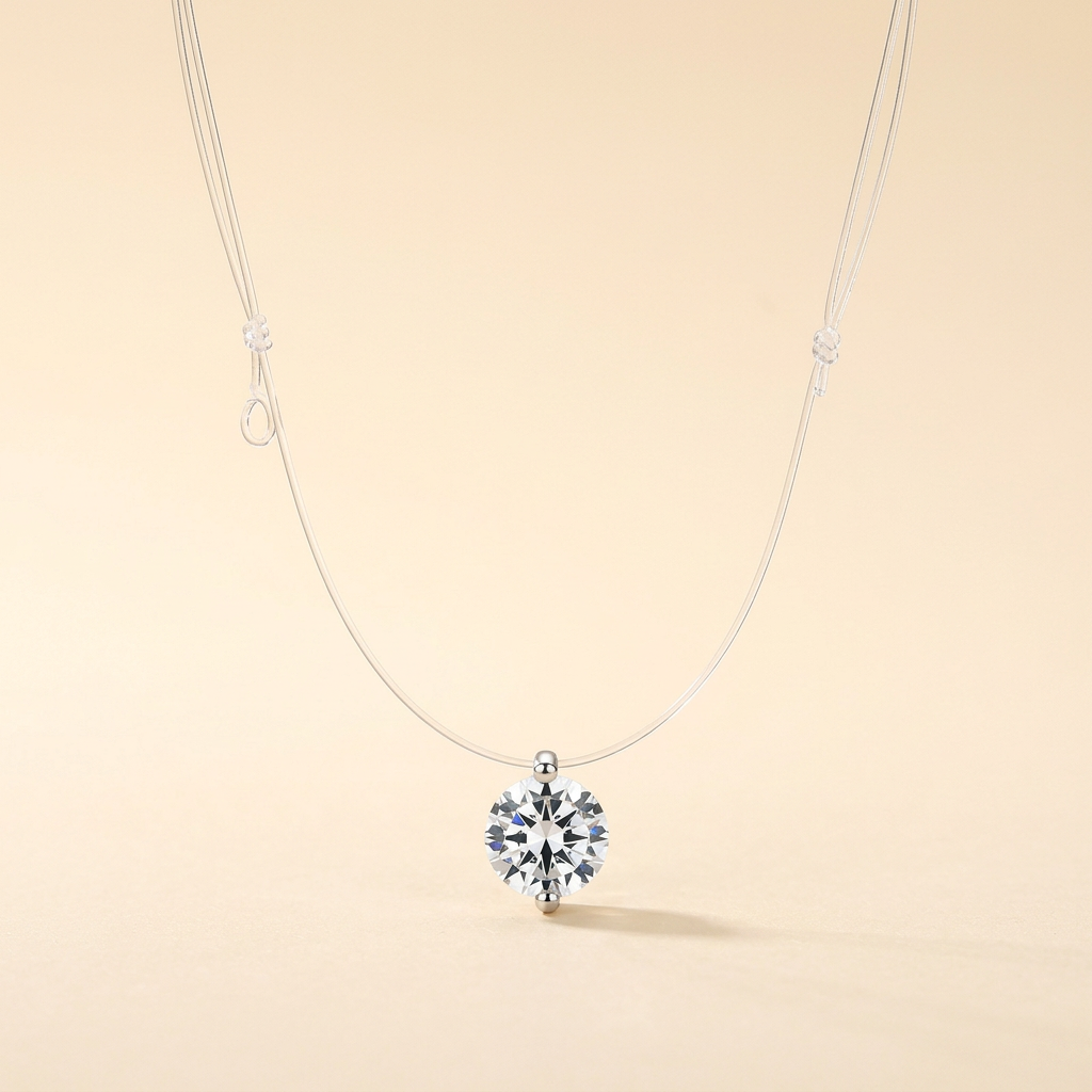 Floating rhinestone necklace with a transparent cord on an ivory background