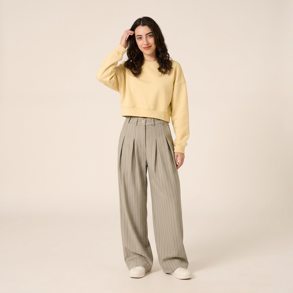 Khaki striped wide-leg trousers, full outfit