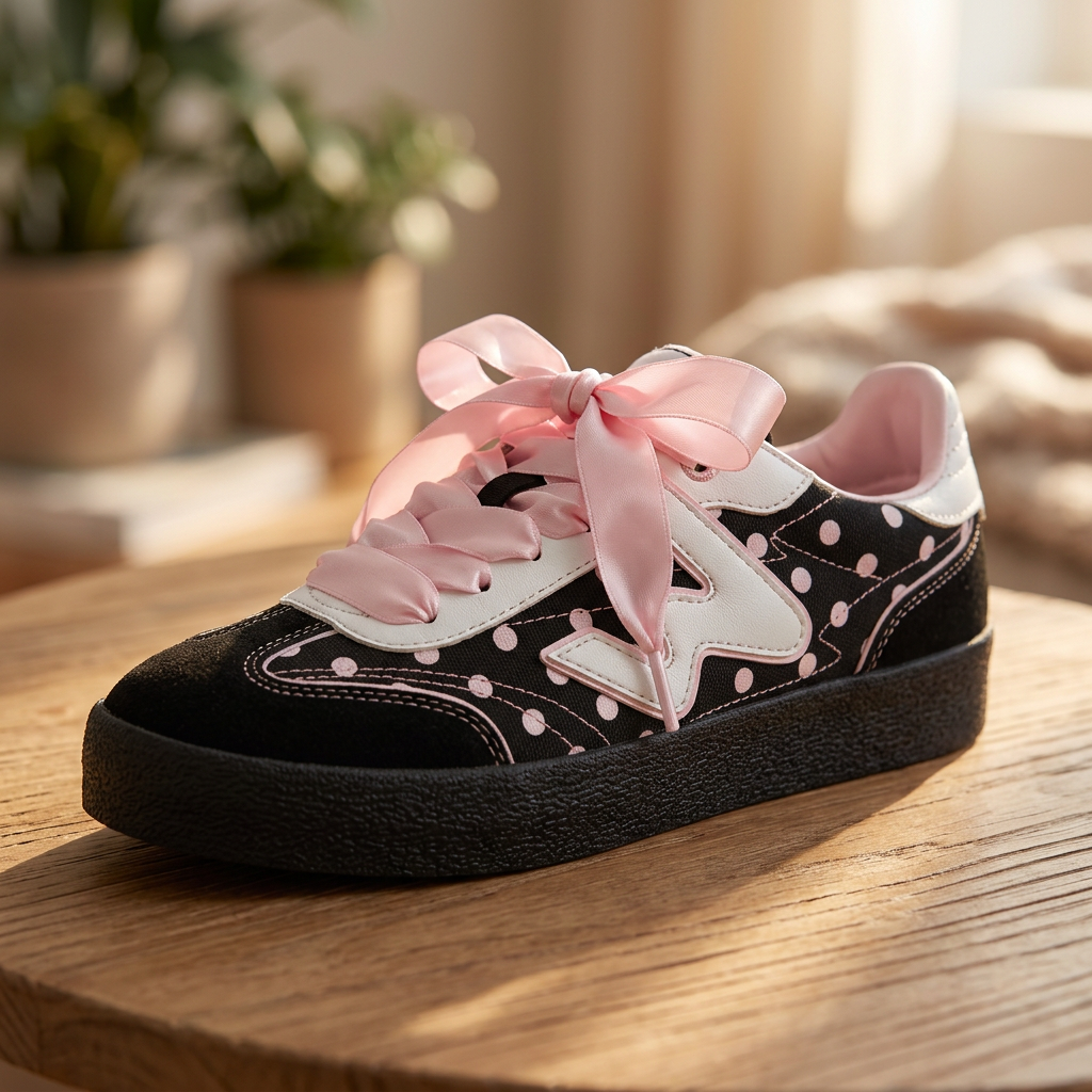 Polka dot kawaii sneaker - natural light wooden surface ambient