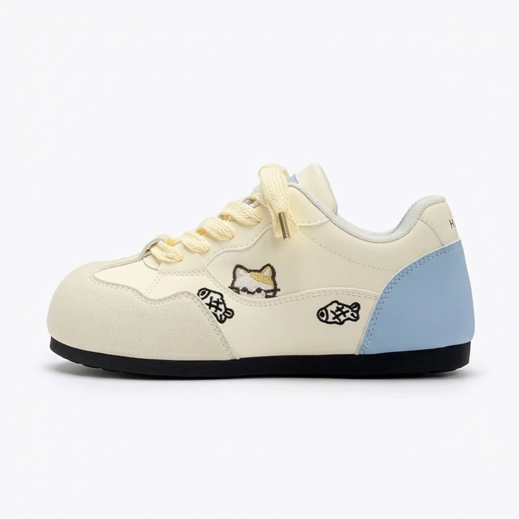 Ivory and blue cat-and-fish sneaker side view
