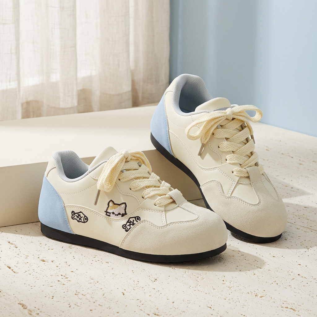 Ivory and blue sneakers editorial still life