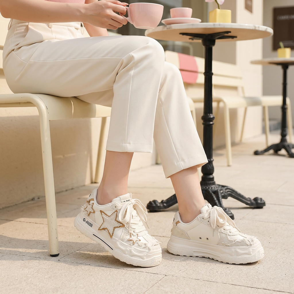 Ivory star sneakers café wearing shot