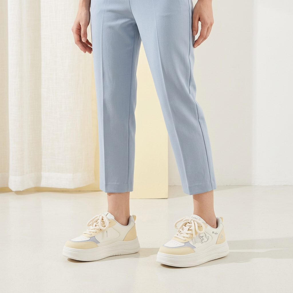 Light yellow sneakers lifestyle wearing shot