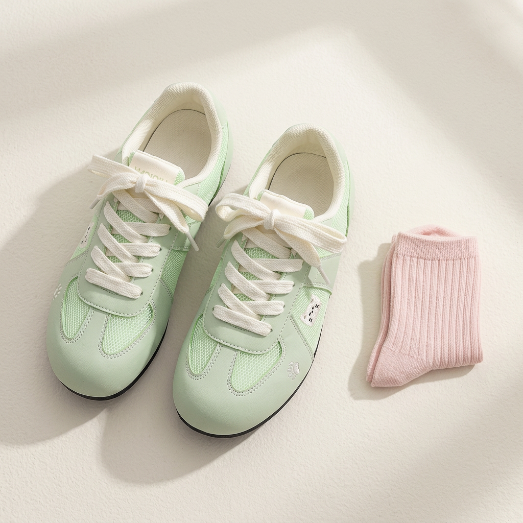 Mint sneakers flat lay with blush socks