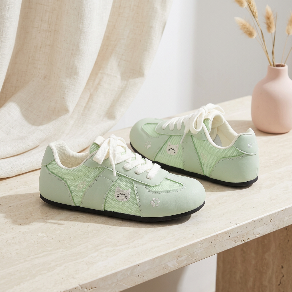 Mint sneakers on a pale stone bench