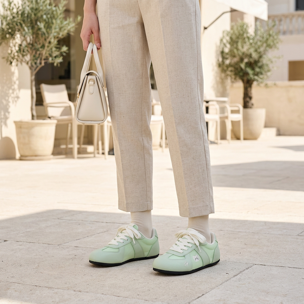 Mint sneakers styled with cropped trousers