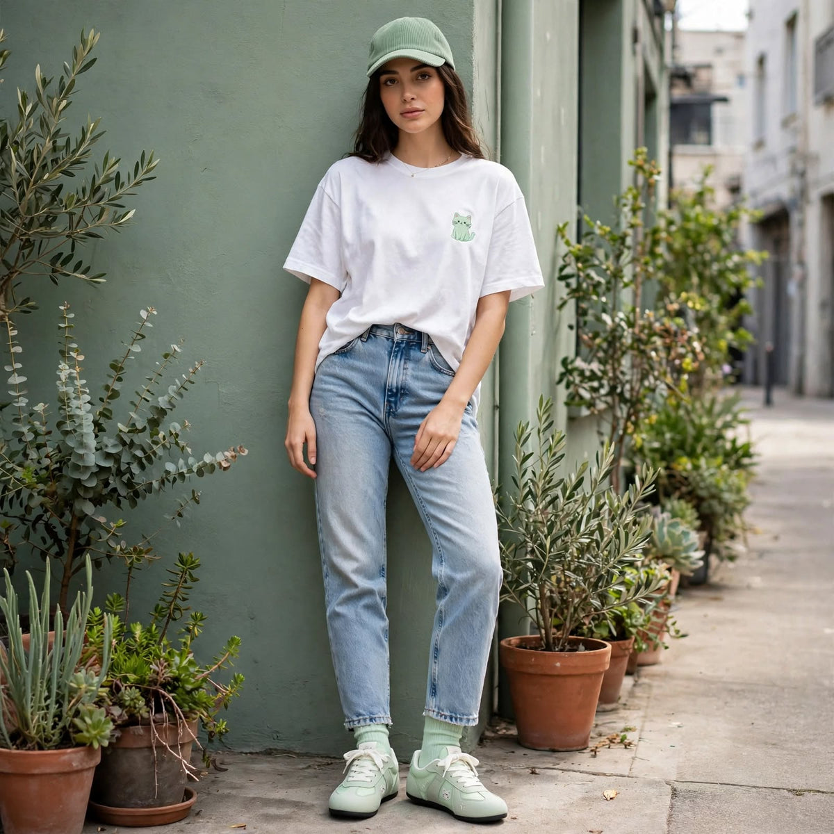 Mint Cat Embroidered Mesh Sneakers
