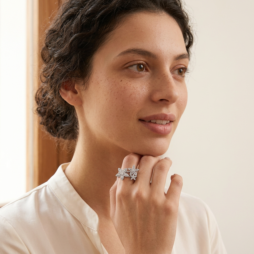 Model posing with flower ring beneath her chin
