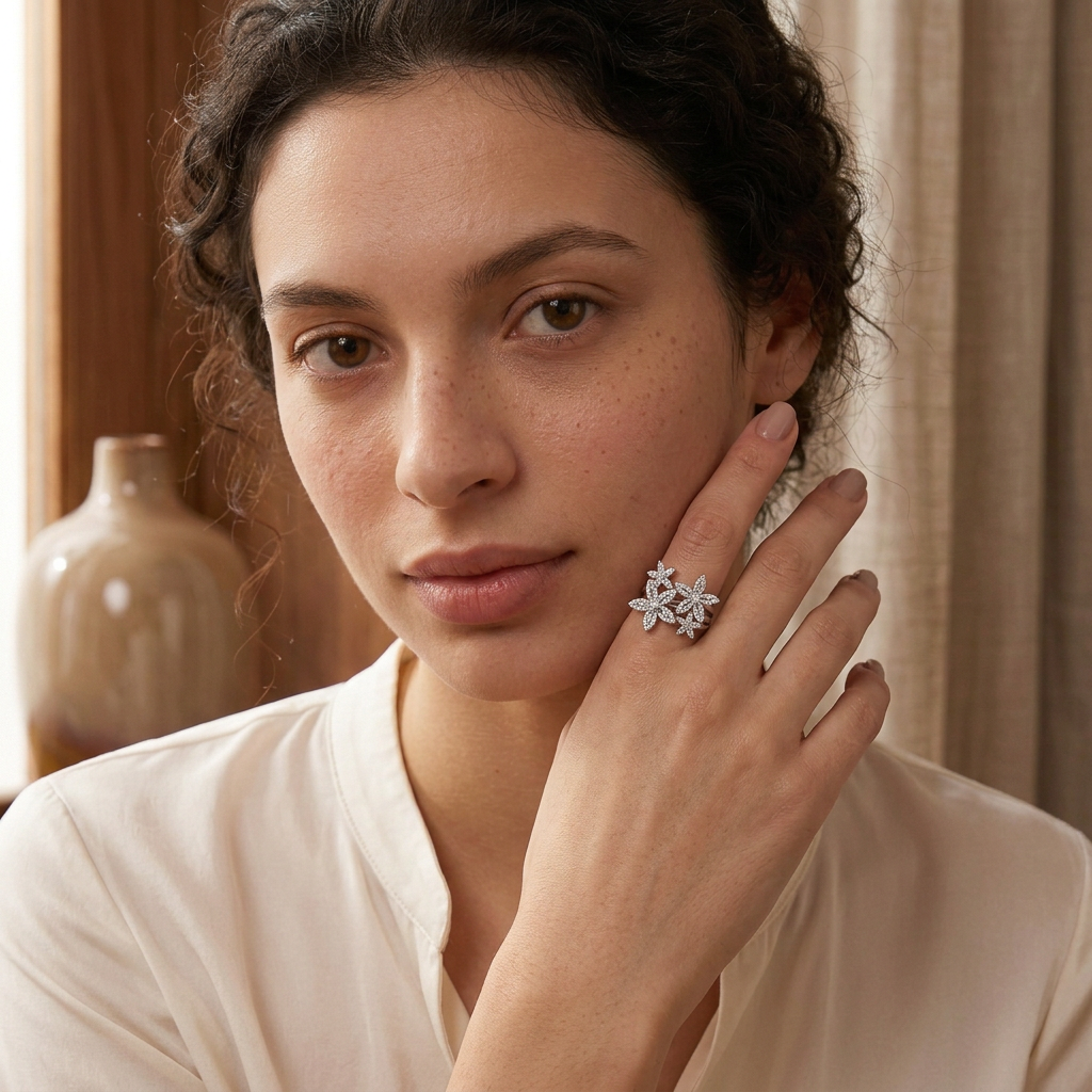 Model posing with flower ring beside her cheek
