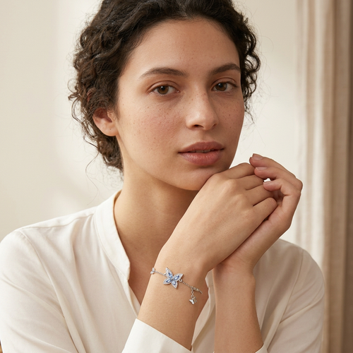 Model showing bracelet beneath her chin