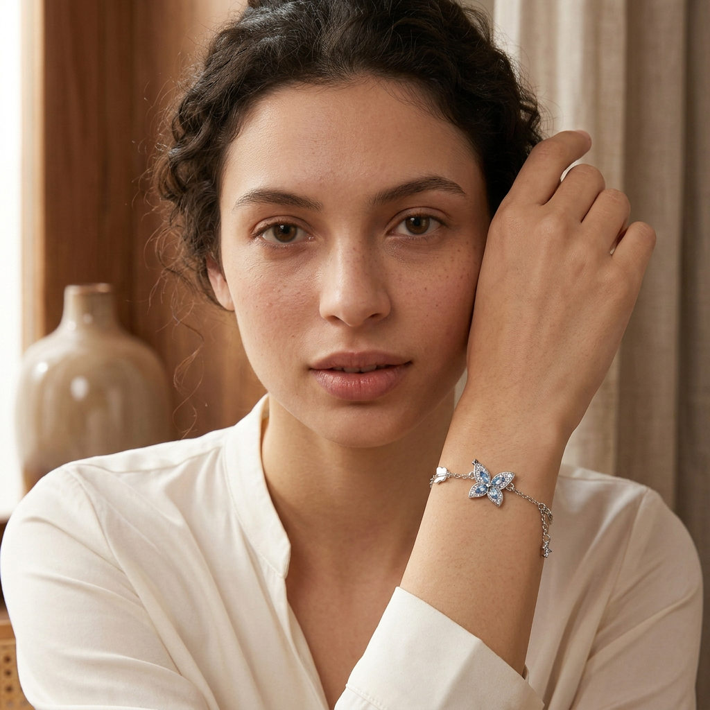 Model showing bracelet beside her cheek