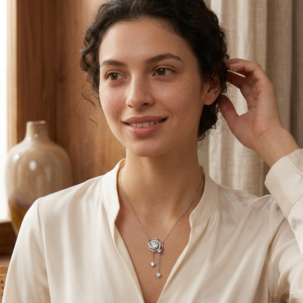 Model wearing celestial orbit necklace in three-quarter pose