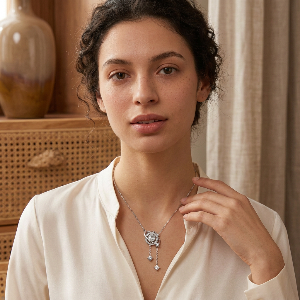 Model wearing celestial orbit necklace