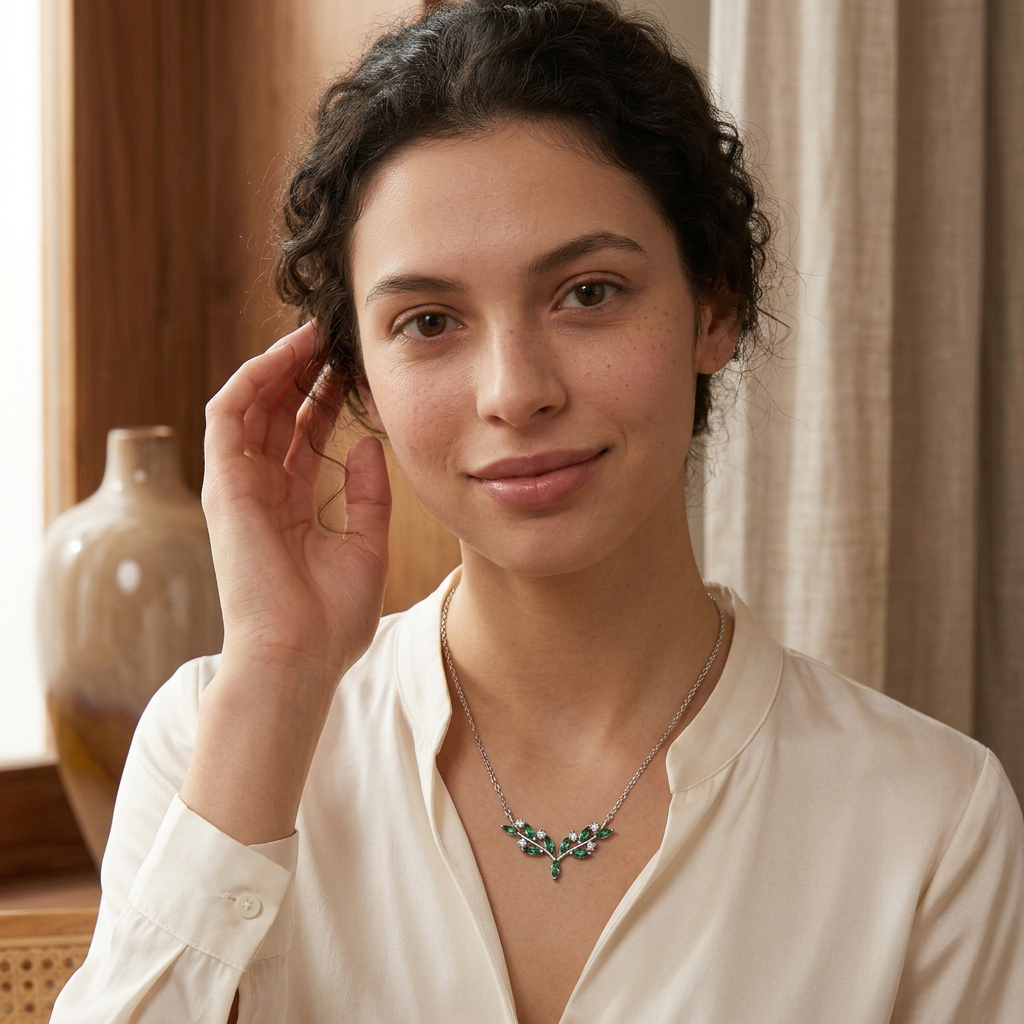 Model wearing green olive branch necklace in three-quarter pose