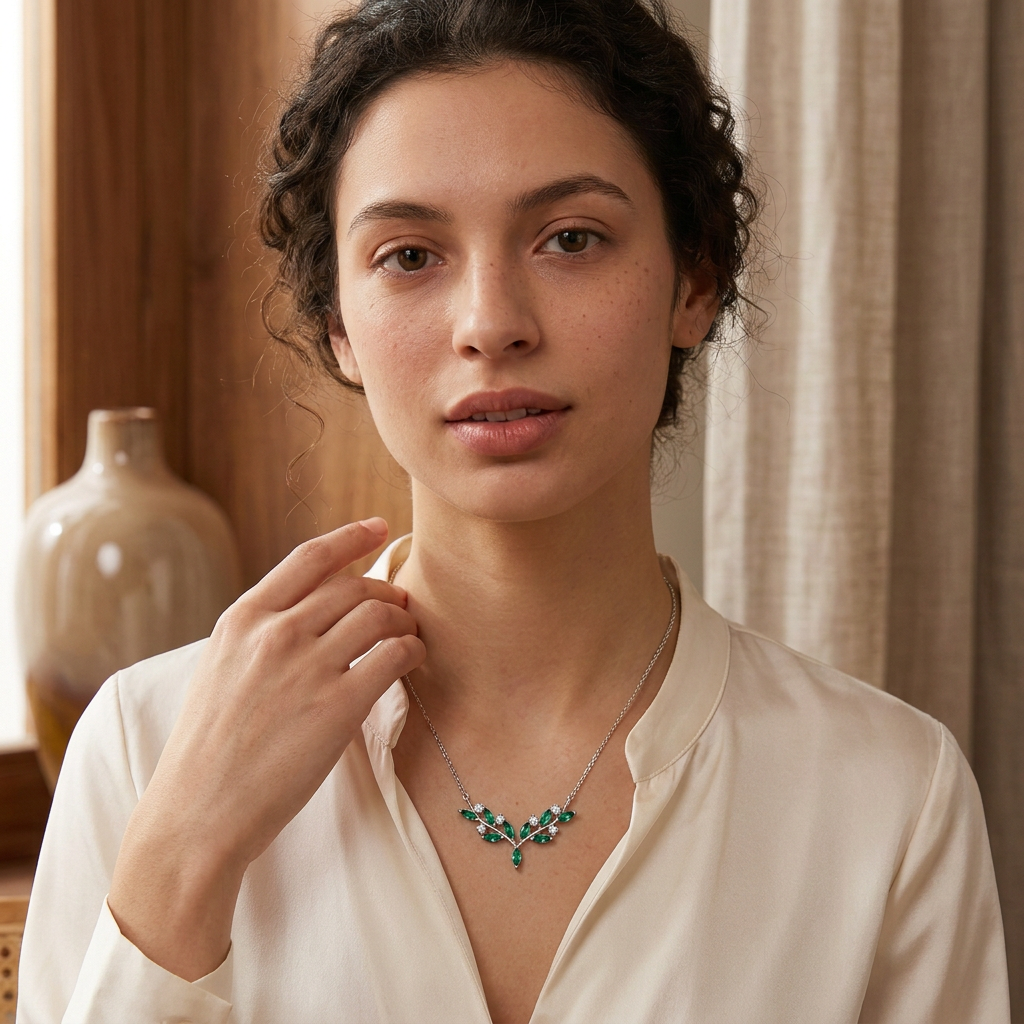 Model wearing green olive branch necklace