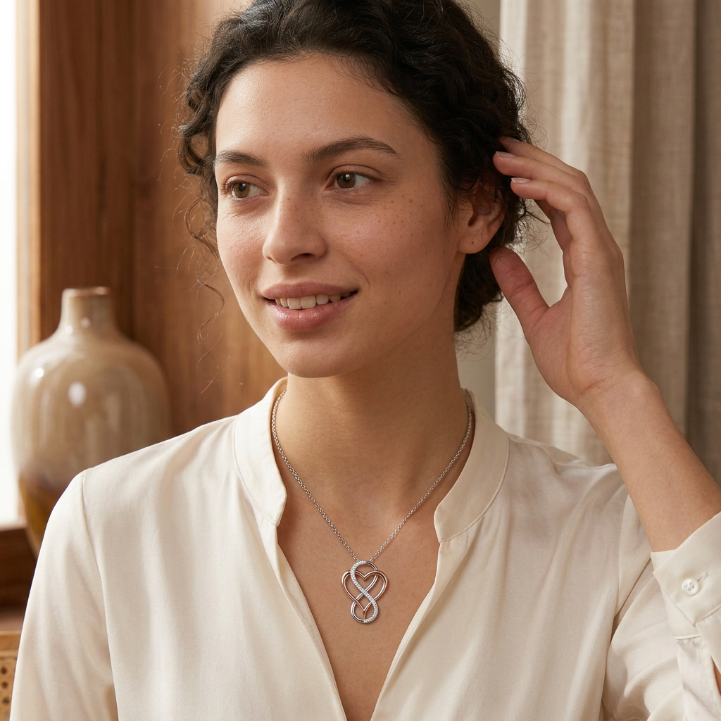Model wearing heart infinity necklace in three-quarter pose